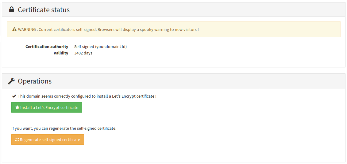 Capture d'écran du panneau pour installer un certificat Let's Encrypt