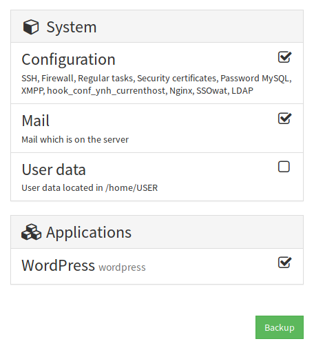 Screenshot of YunoHost's backup panel