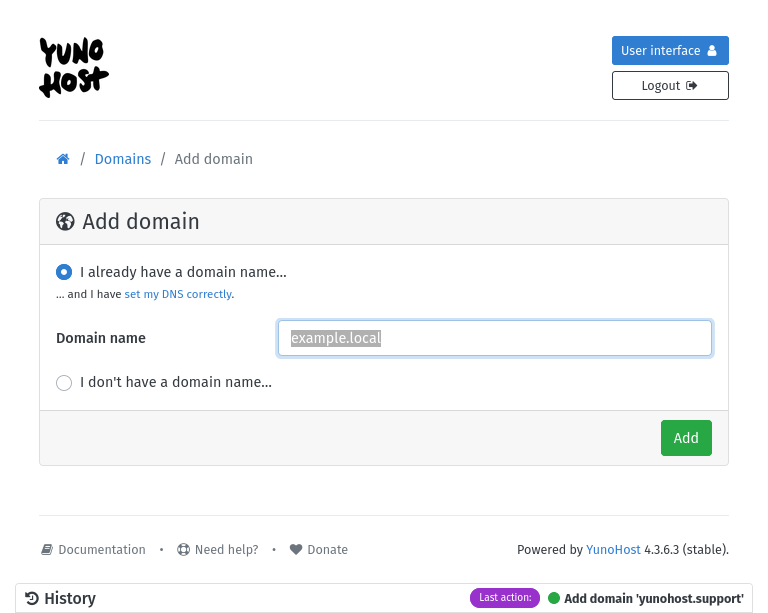 Screenshot of the "Add domain" page where you can choose "I already have a domain name" and setup your domain ending by .local