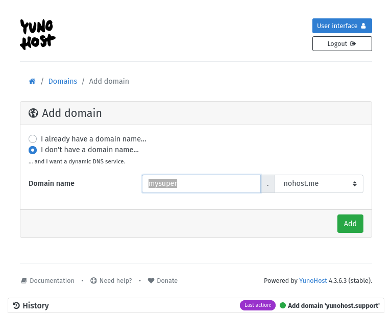 Screenshot of the "Add domain" page where you can choose "I don't have a domain name"