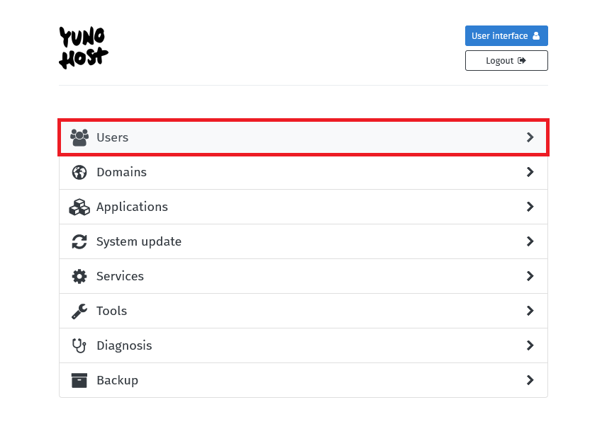 From the main menu of the webadmin, open `Users`