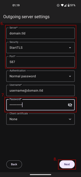 Again, your domain name in the "Server" field, but fill the "Security" and "Port" fields as per the SMTP row in the table above, then enter your password in the "Password" field and click "Next"