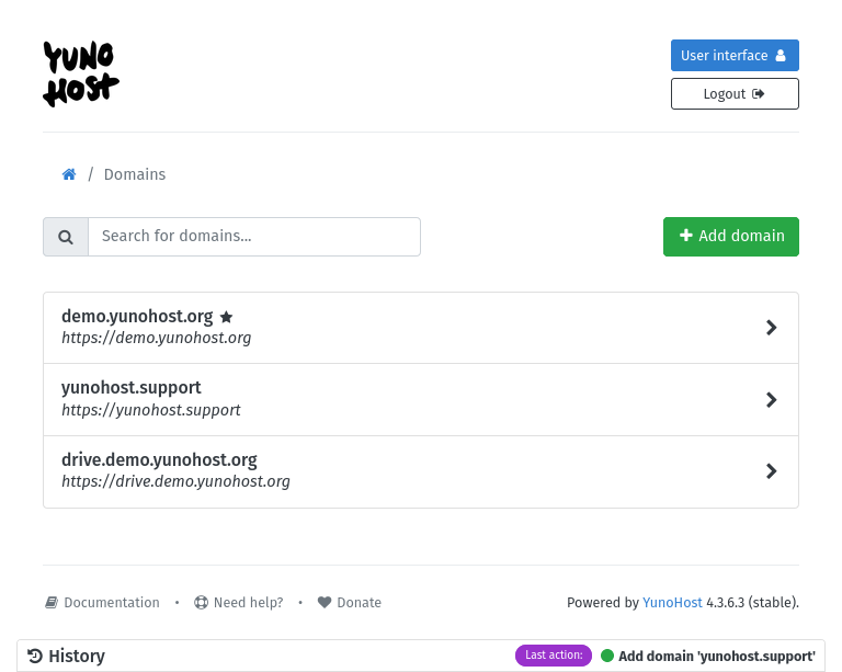 Screenshot of the webadmin domain interface with an "Add domain" button and a list of domains