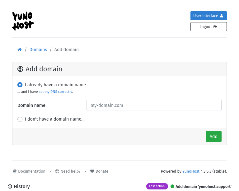 Screenshot of the "Add domain" page where you can choose "I already have a domain name"